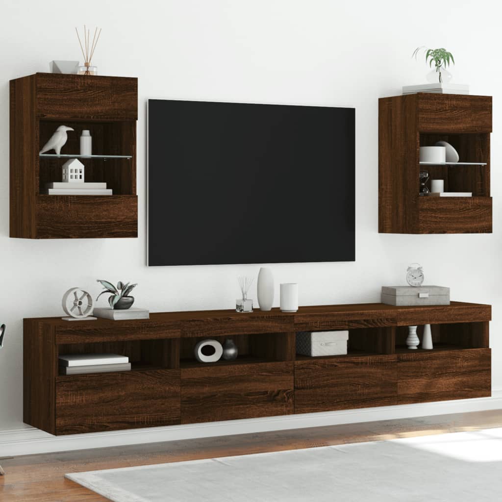 vidaXL Ścienna szafka TV z LED, brązowy dąb, 40x30x60,5 cm