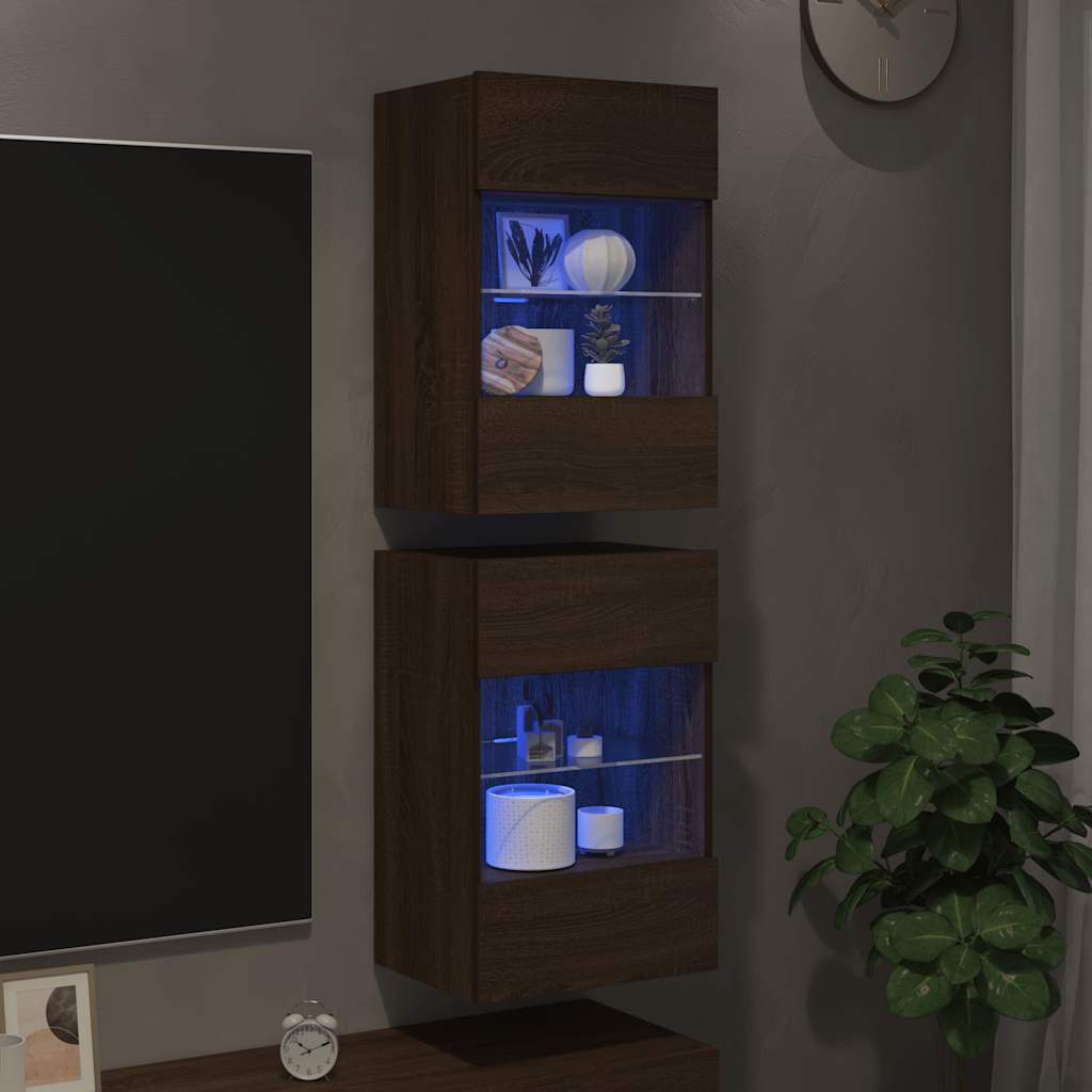 vidaXL Szafki wiszące z oświetleniem LED do telewizora, 2 szt., brązowy dąb, 40x30x60,5 cm