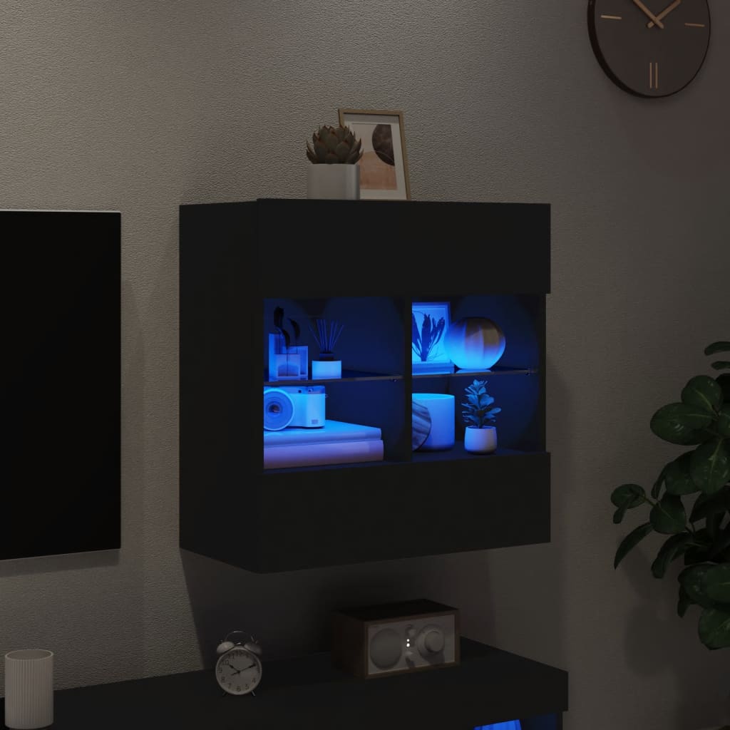 vidaXL Ścienna szafka TV z LED, czarna, 58,5x30x60,5 cm
