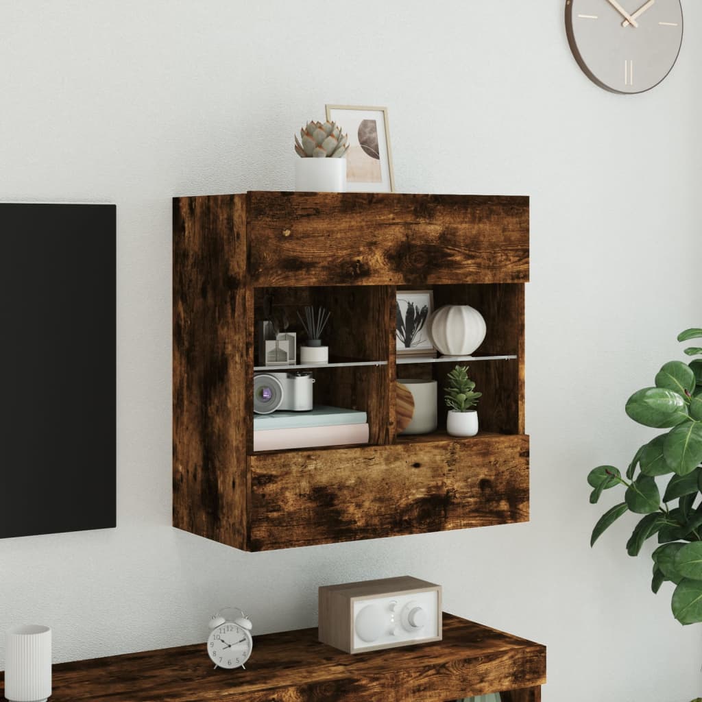 vidaXL Ścienna szafka TV z LED, przydymiony dąb, 58,5x30x60,5 cm