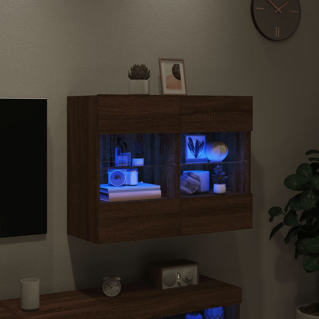 vidaXL Ścienna szafka TV z LED, brązowy dąb, 78,5x30x60,5 cm