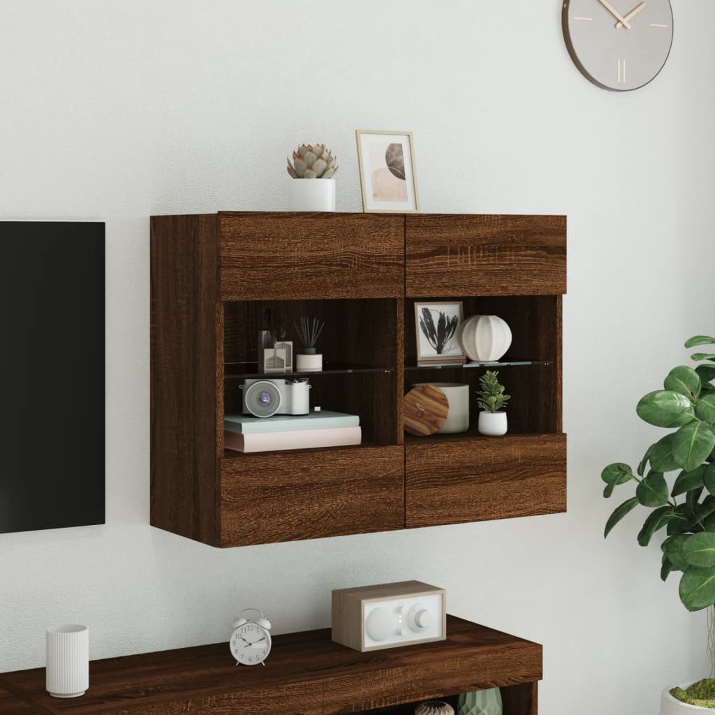 vidaXL Ścienna szafka TV z LED, brązowy dąb, 78,5x30x60,5 cm