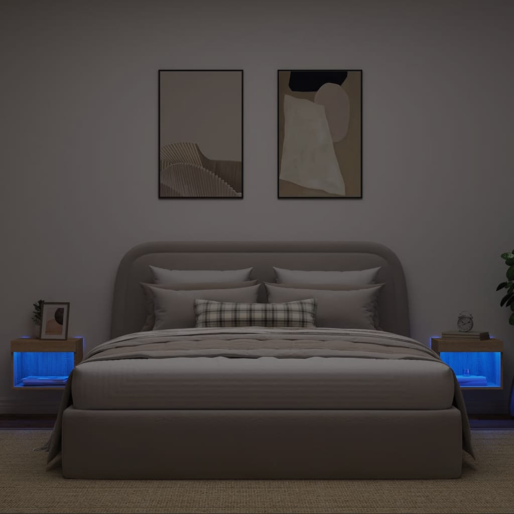vidaXL Szafki nocne z oświetleniem LED, ścienne, 2 szt., dąb sonoma