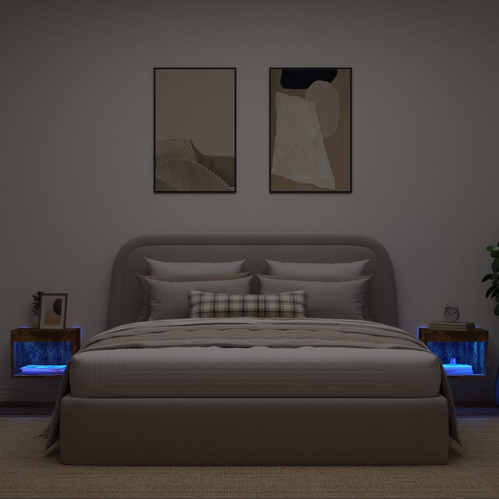 vidaXL Szafki nocne z LED, ścienne, 2 szt., przydymiony dąb