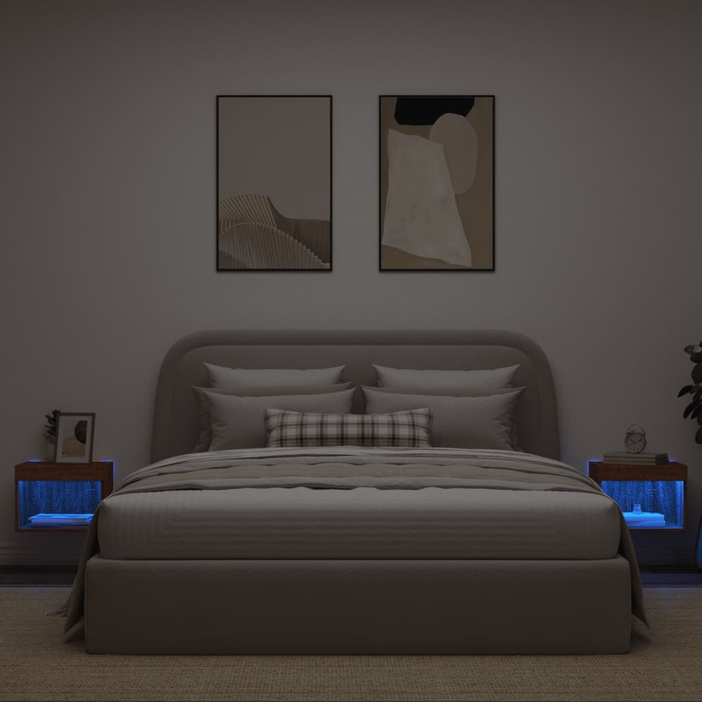 vidaXL Szafki nocne z oświetleniem LED, ścienne, 2 szt., brązowy dąb