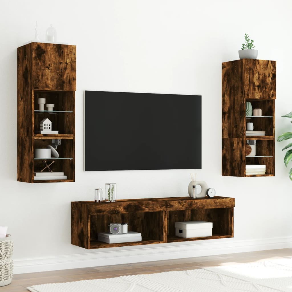 vidaXL Szafki pod TV, z LED, 2 szt., przydymiony dąb, 60x30x30 cm
