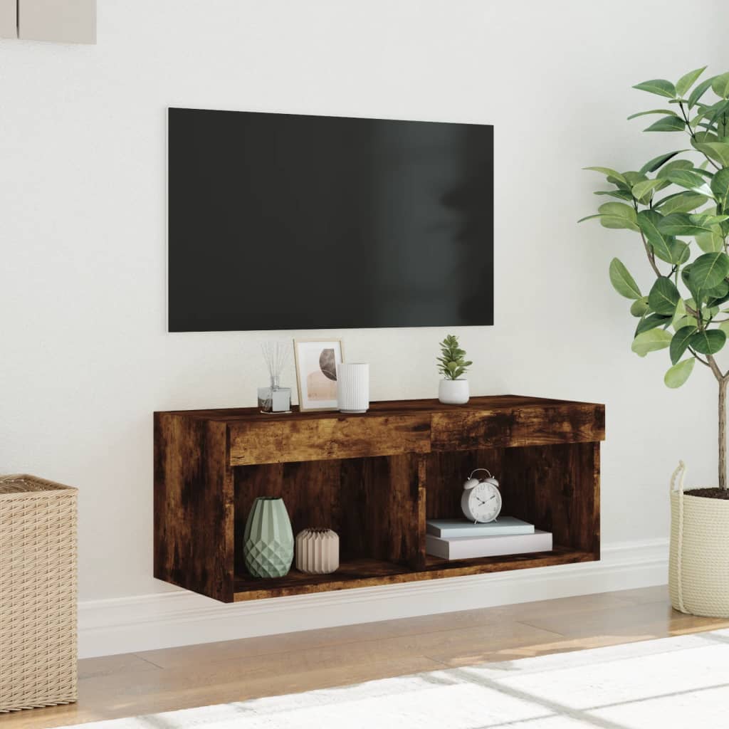 vidaXL Szafka TV z oświetleniem LED, przydymiony dąb, 80x30x30 cm