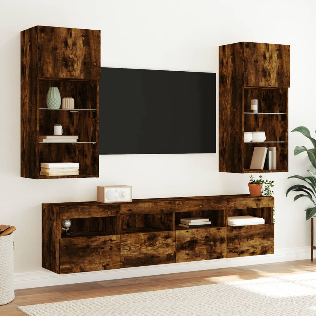 vidaXL Ścienne szafki TV z LED, 2 szt., przydymiony dąb, 40x30x40 cm