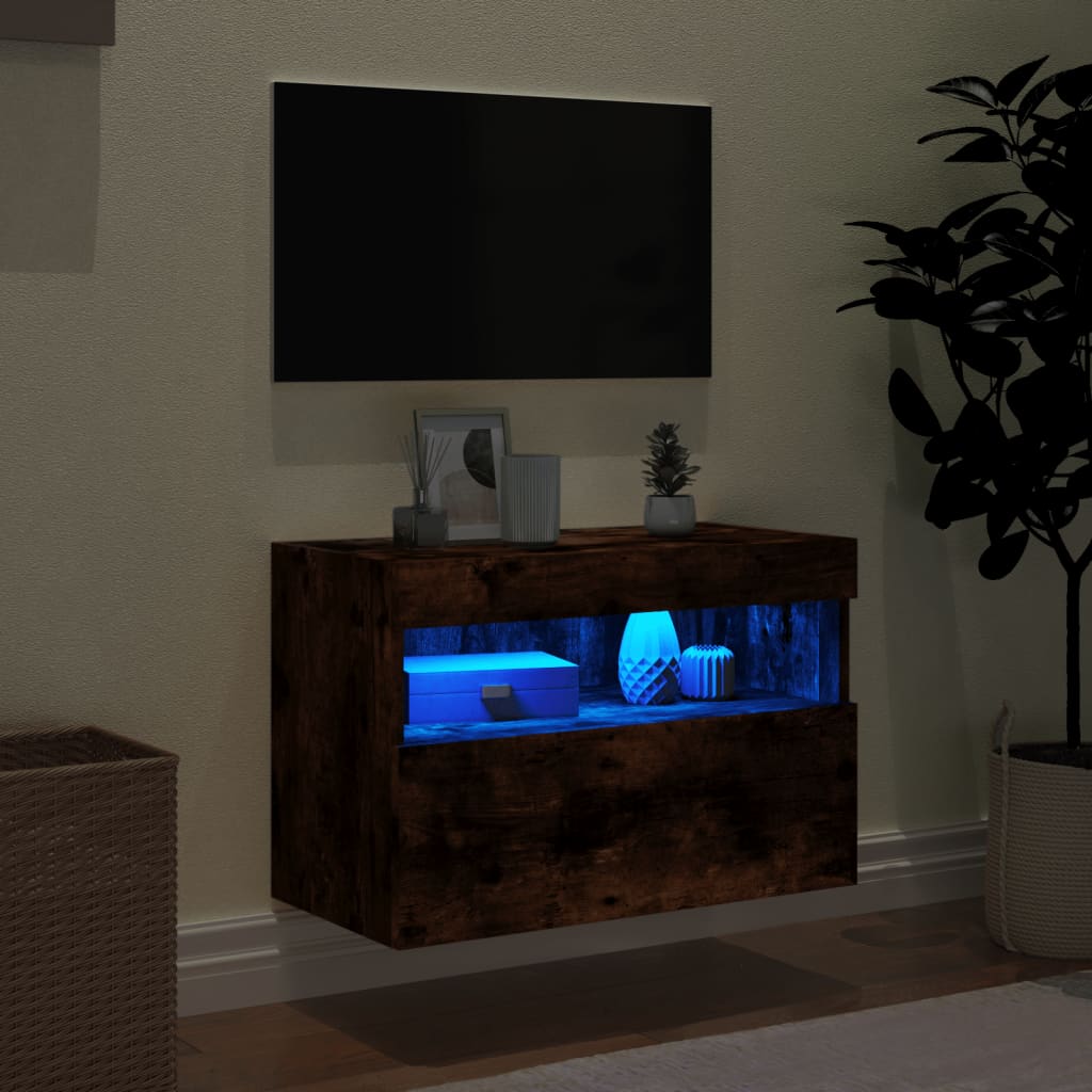 vidaXL Ścienna szafka TV z LED, przydymiony dąb, 60x30x40 cm