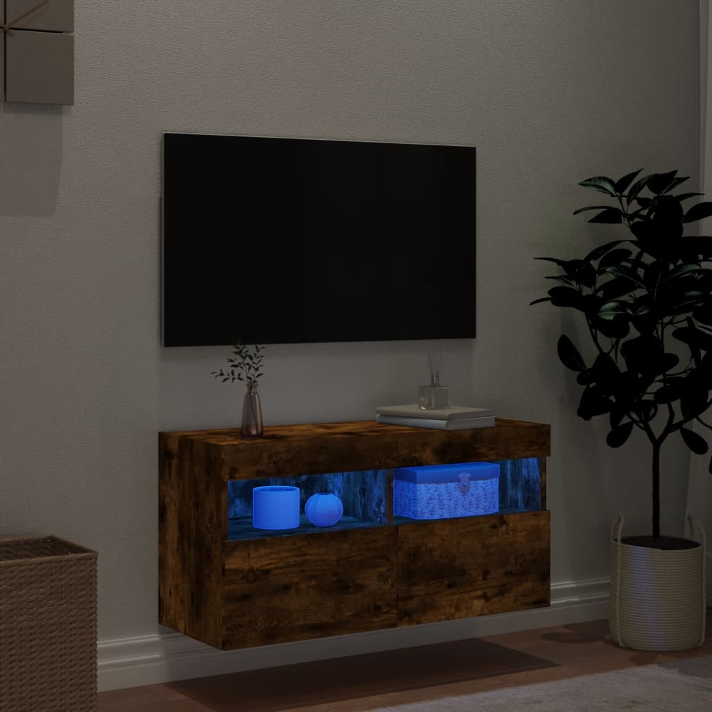 vidaXL Ścienna szafka TV z LED, przydymiony dąb, 80x30x40 cm