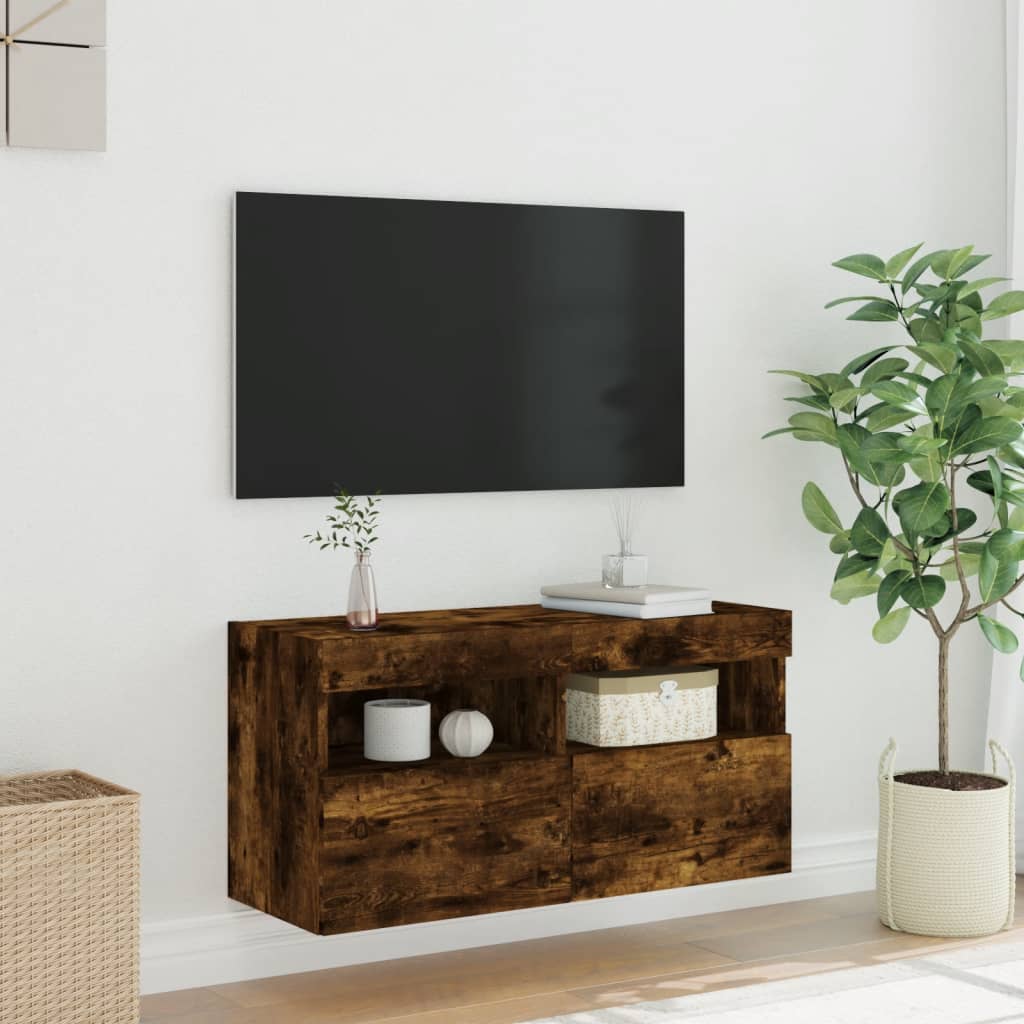 vidaXL Ścienna szafka TV z LED, przydymiony dąb, 80x30x40 cm