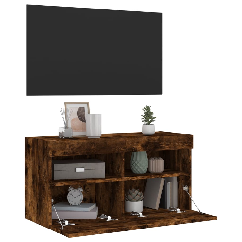 vidaXL Ścienna szafka TV z LED, przydymiony dąb, 80x30x40 cm