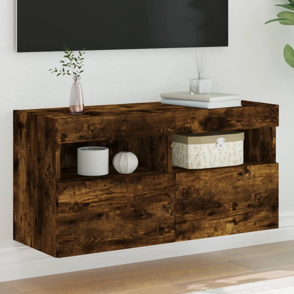 vidaXL Ścienna szafka TV z LED, przydymiony dąb, 80x30x40 cm