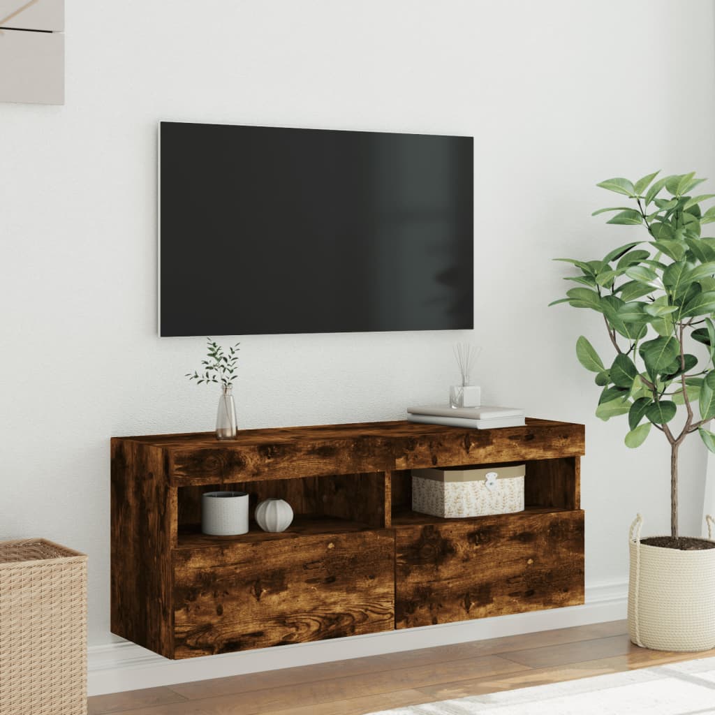 vidaXL Ścienna szafka TV z LED, przydymiony dąb, 100x30x40 cm