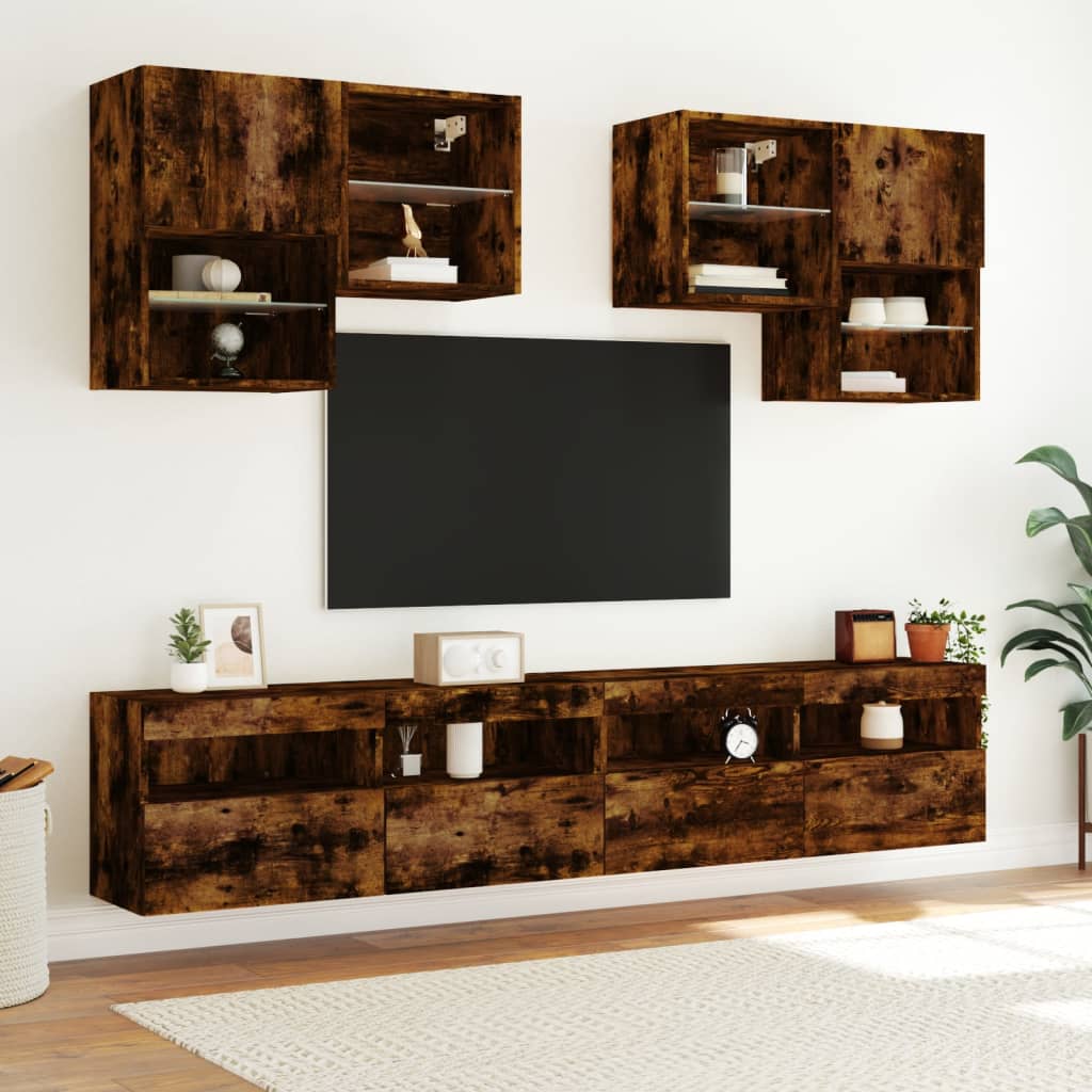 vidaXL Ścienna szafka TV z LED, przydymiony dąb, 100x30x40 cm