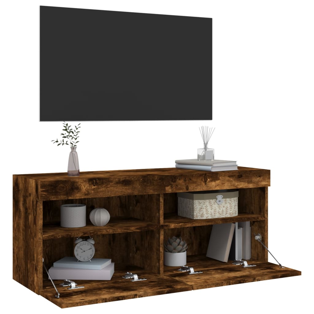 vidaXL Ścienna szafka TV z LED, przydymiony dąb, 100x30x40 cm