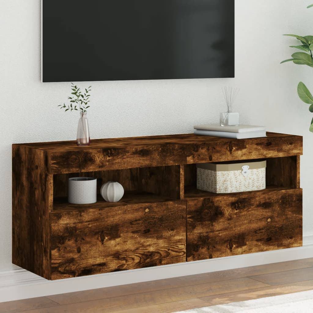 vidaXL Ścienna szafka TV z LED, przydymiony dąb, 100x30x40 cm
