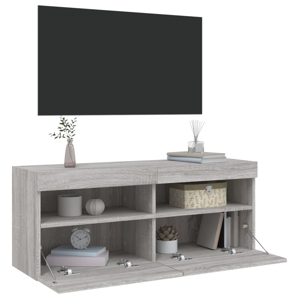 vidaXL Ścienna szafka TV z LED, szary dąb sonoma, 100x30x40 cm