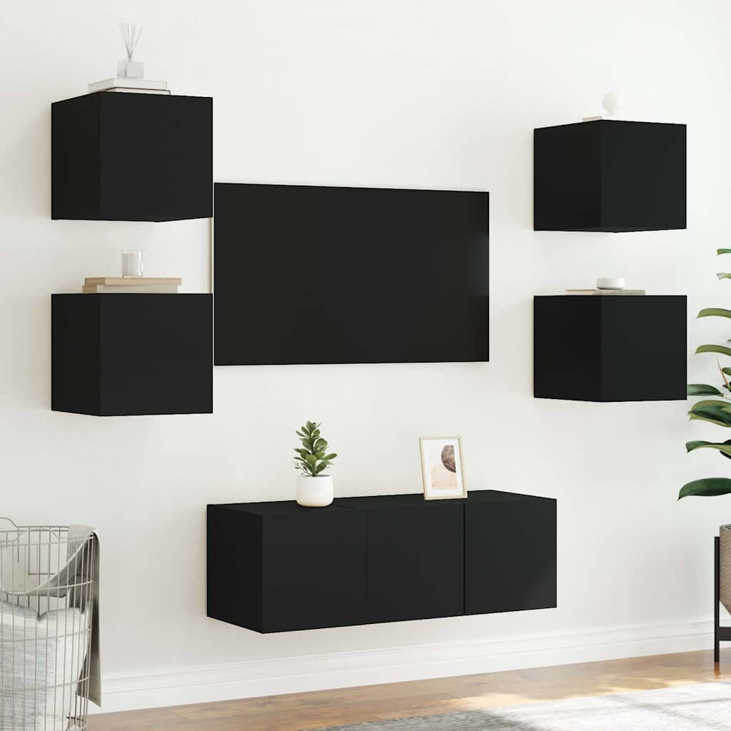 vidaXL Ścienne szafki TV z LED, 2 szt., czarne, 30,5x35x30 cm