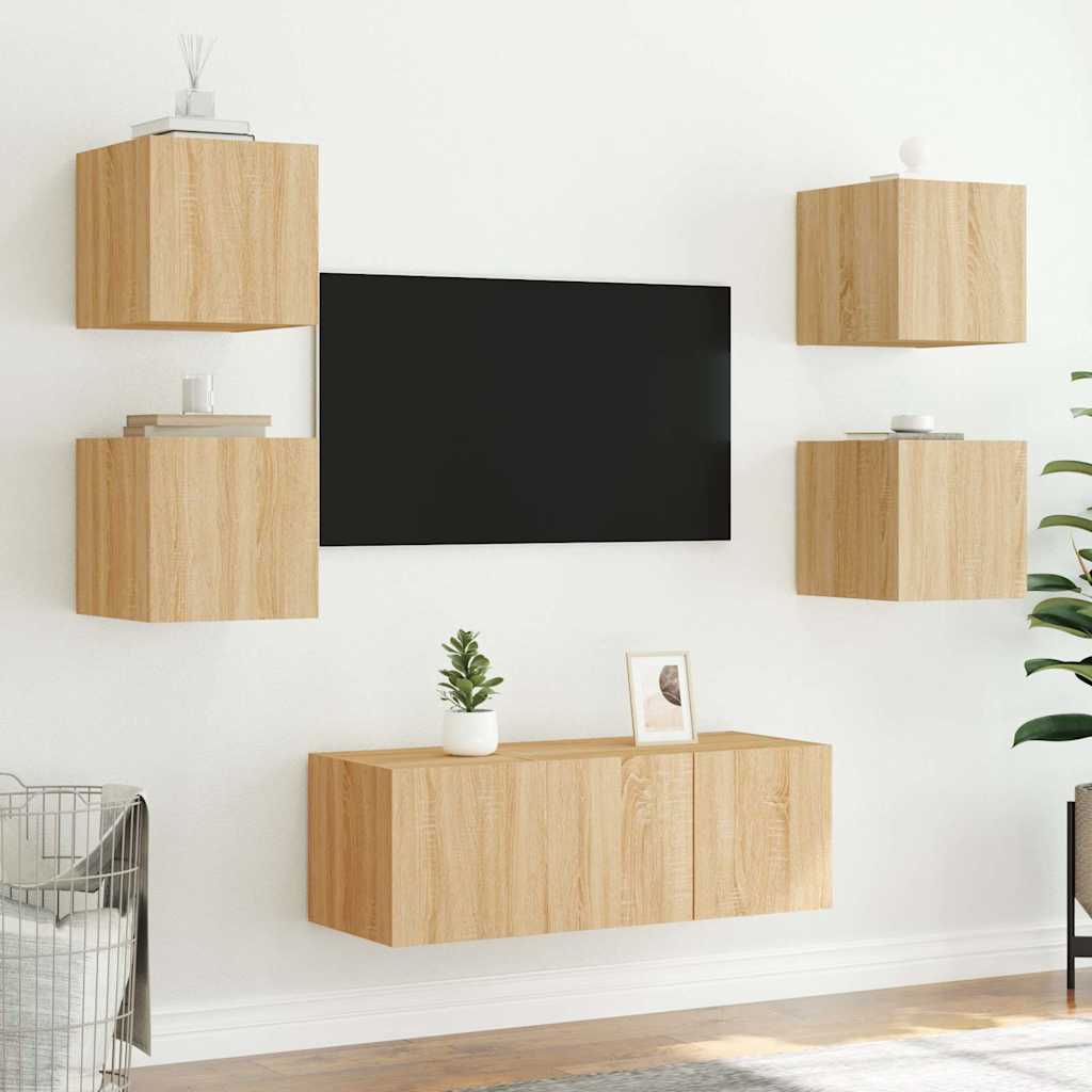 vidaXL Ścienne szafki TV z LED, 2 szt., dąb sonoma, 30,5x35x30 cm