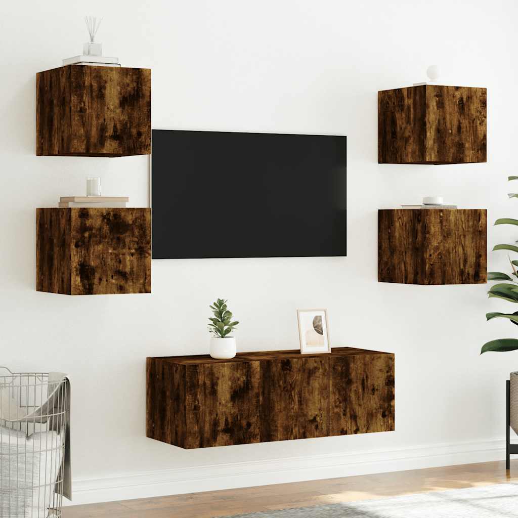 vidaXL Ścienna szafka TV z LED, przydymiony dąb, 30,5x35x30 cm