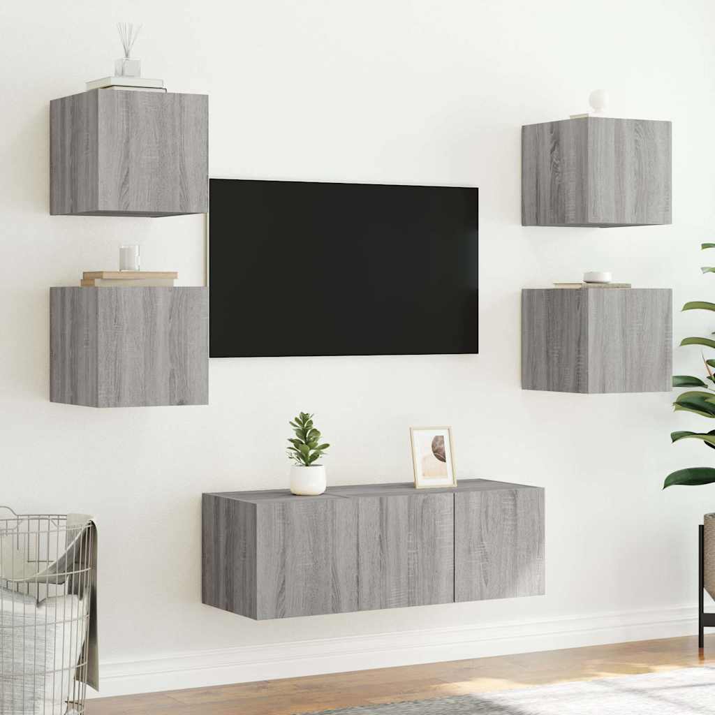 vidaXL Ścienne szafki TV z LED, 2 szt, szary dąb sonoma, 30,5x35x30 cm