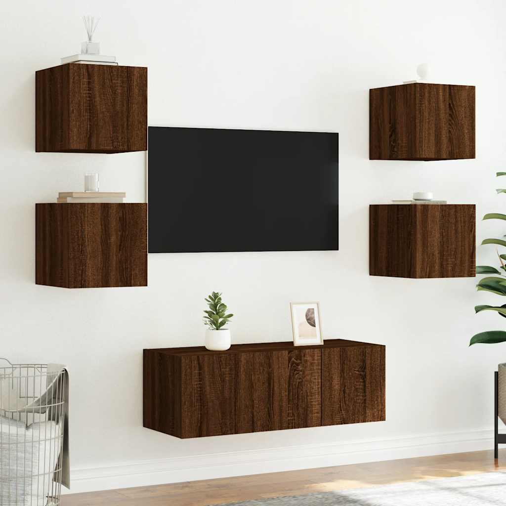 vidaXL Ścienne szafki TV z LED, 2 szt., brązowy dąb, 30,5x35x30 cm