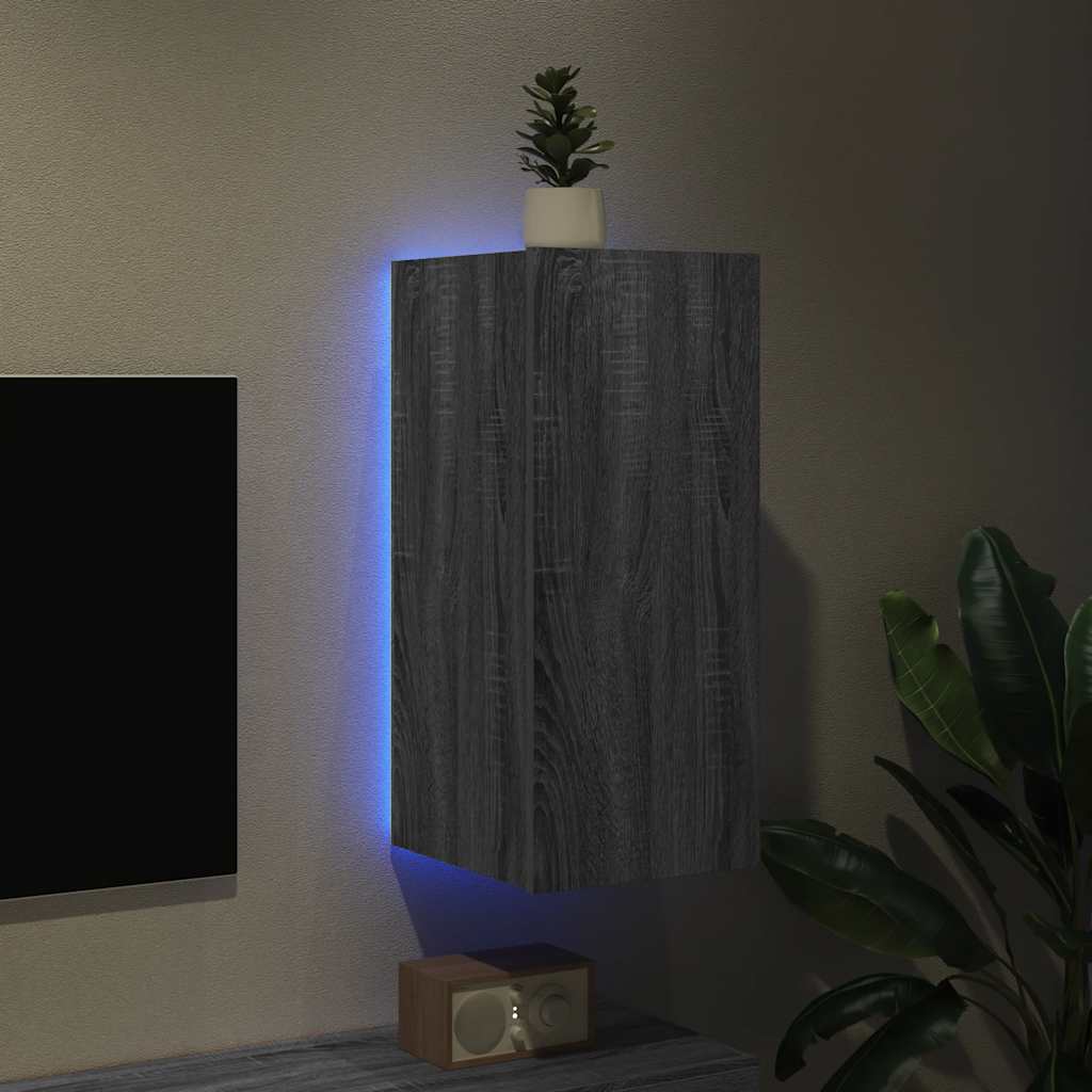 vidaXL Ścienna szafka TV z LED, szary dąb sonoma, 30,5x35x70 cm