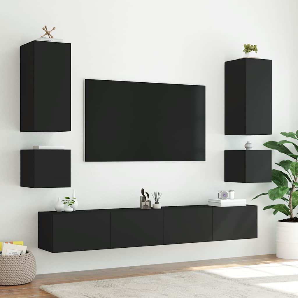 vidaXL Ścienne szafki TV z LED, 2 szt., czarne, 40,5x35x40 cm