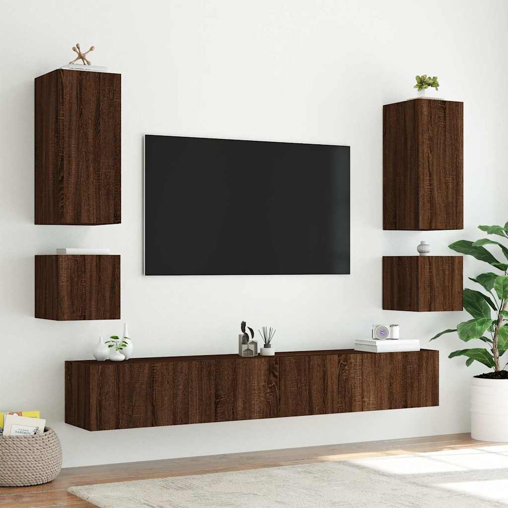 vidaXL Ścienne szafki TV z LED, 2 szt., brązowy dąb, 40,5x35x40 cm