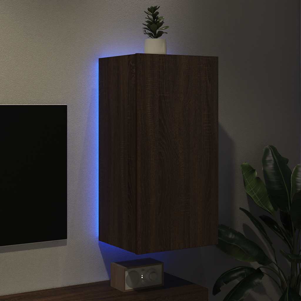vidaXL Ścienna szafka TV z LED, brązowy dąb, 40,5x35x80 cm