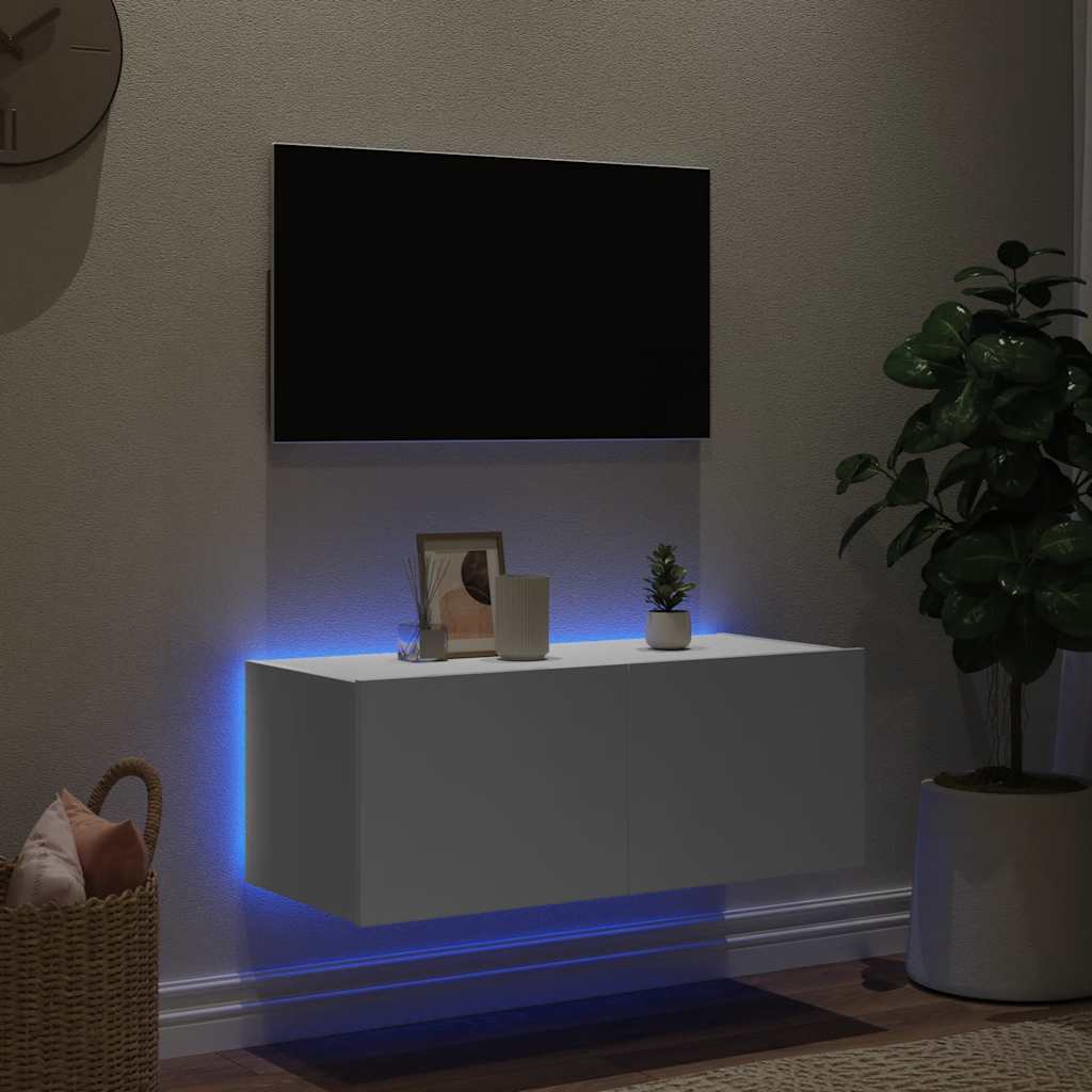vidaXL Ścienna szafka TV z LED, biała, 80x35x31 cm