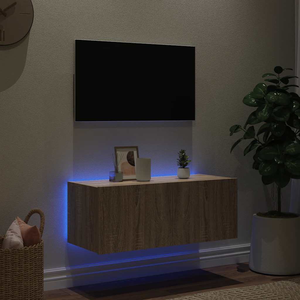vidaXL Ścienna szafka TV z LED, dąb sonoma, 80x35x31 cm