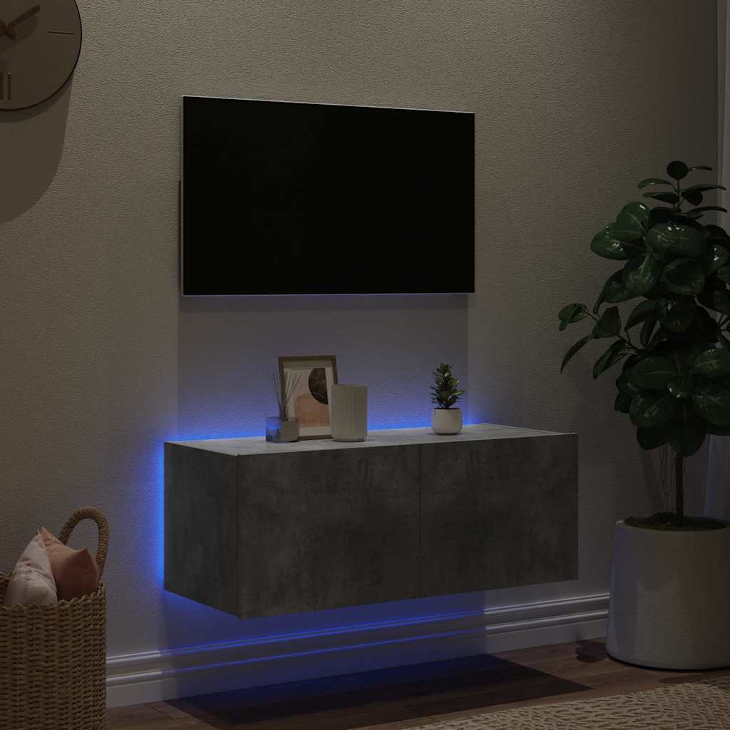 vidaXL Ścienna szafka TV z LED, szarość betonu, 80x35x31 cm