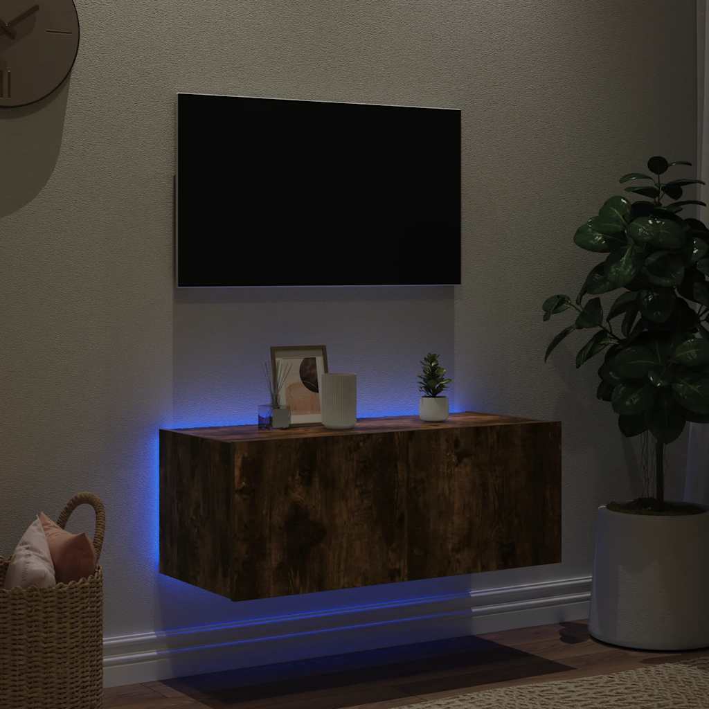 vidaXL Ścienna szafka TV z LED, przydymiony dąb, 80x35x31 cm