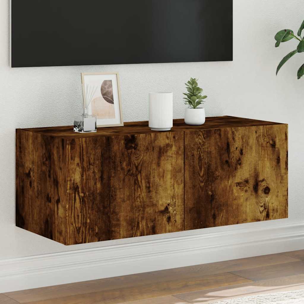 vidaXL Ścienna szafka TV z LED, przydymiony dąb, 80x35x31 cm