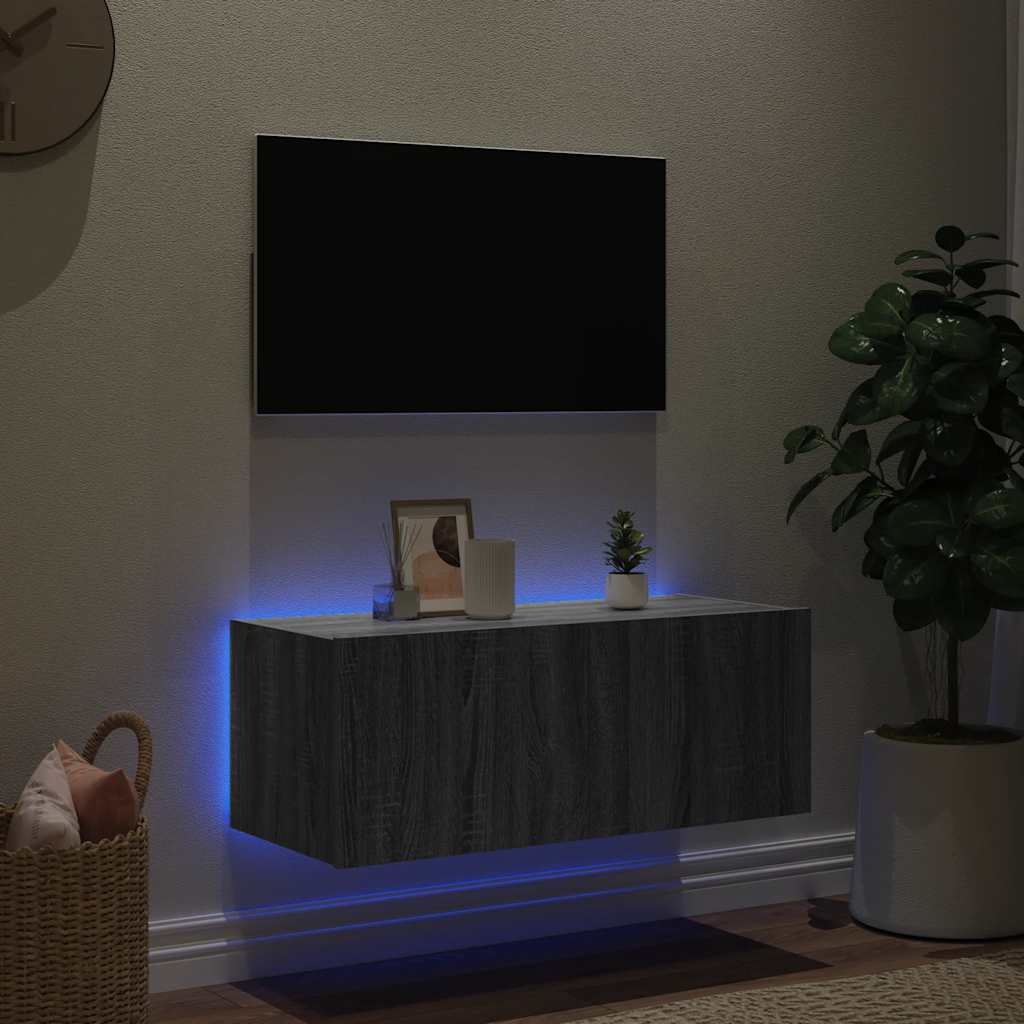 vidaXL Ścienna szafka TV z LED, szary dąb sonoma, 80x35x31 cm