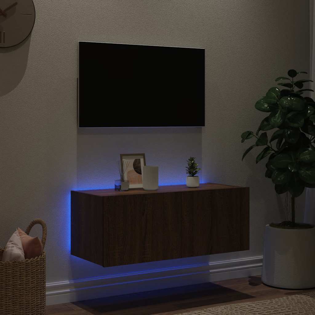 vidaXL Ścienna szafka TV z LED, brązowy dąb, 80x35x31 cm