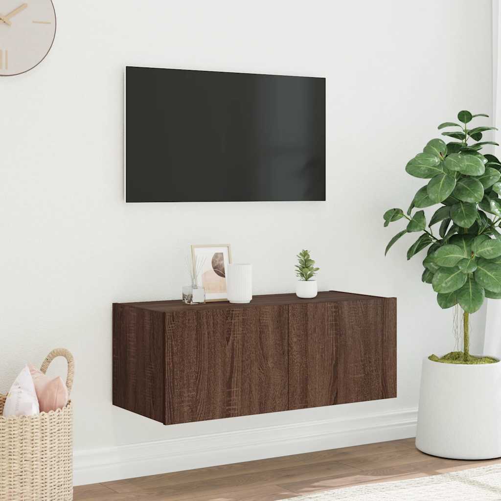vidaXL Ścienna szafka TV z LED, brązowy dąb, 80x35x31 cm