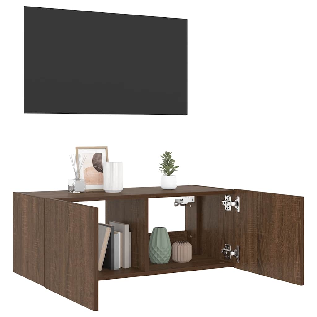vidaXL Ścienna szafka TV z LED, brązowy dąb, 80x35x31 cm