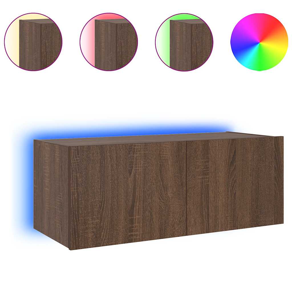 vidaXL Ścienna szafka TV z LED, brązowy dąb, 80x35x31 cm