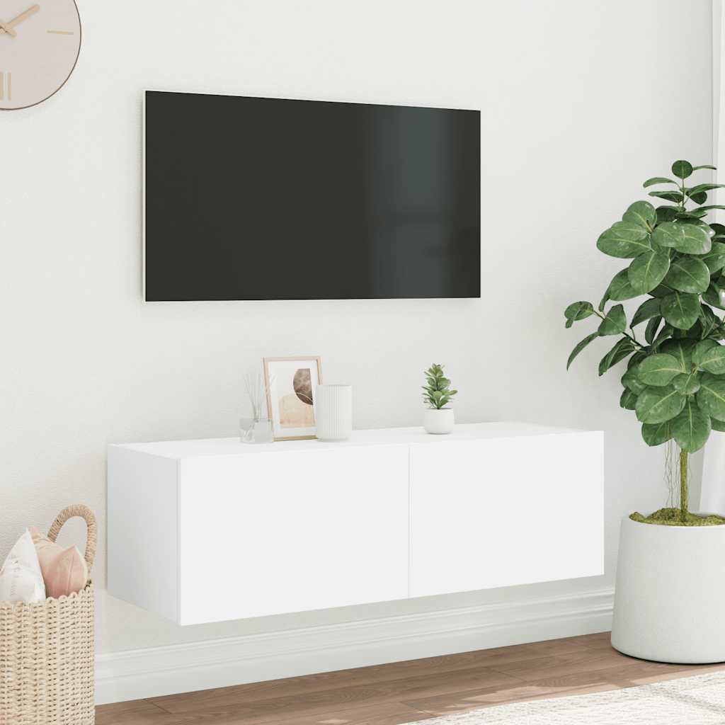 vidaXL Ścienna szafka TV z LED, biała, 100x35x31 cm