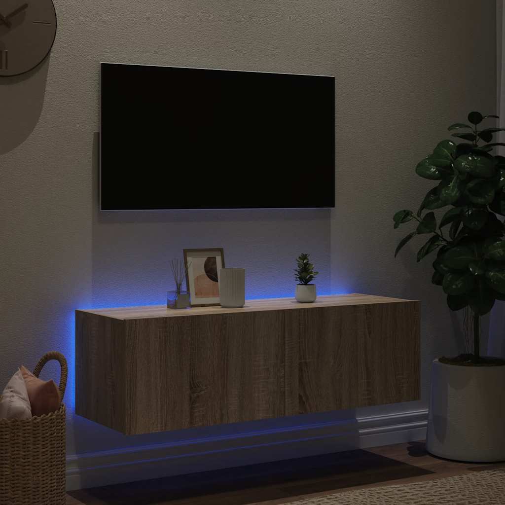 vidaXL Ścienna szafka TV z LED, dąb sonoma, 100x35x31 cm