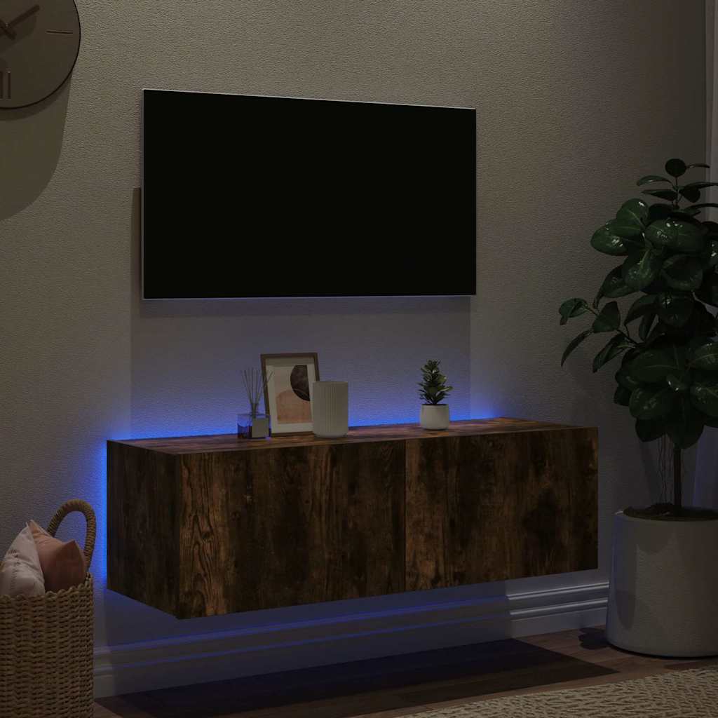vidaXL Ścienna szafka TV z LED, przydymiony dąb, 100x35x31 cm