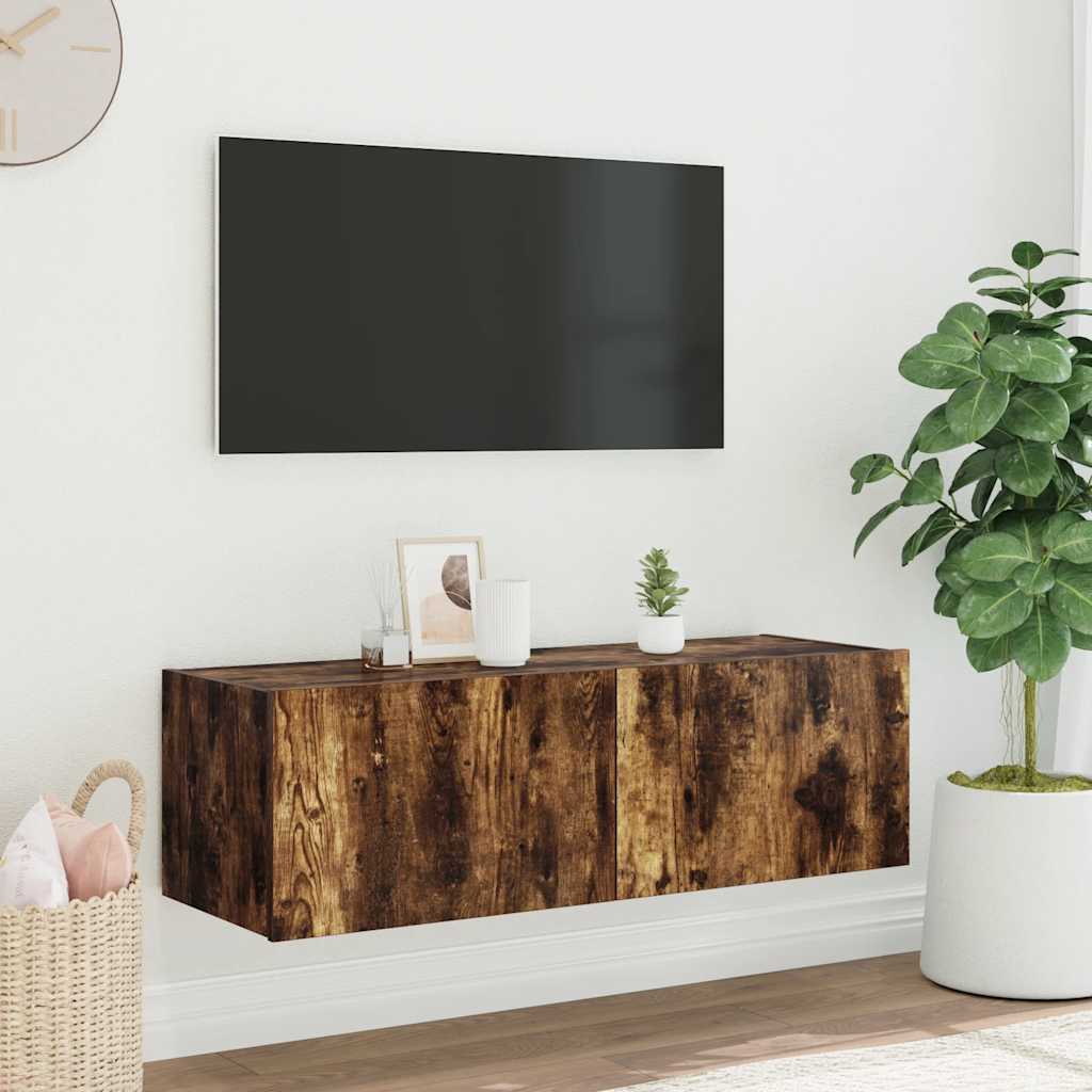 vidaXL Ścienna szafka TV z LED, przydymiony dąb, 100x35x31 cm