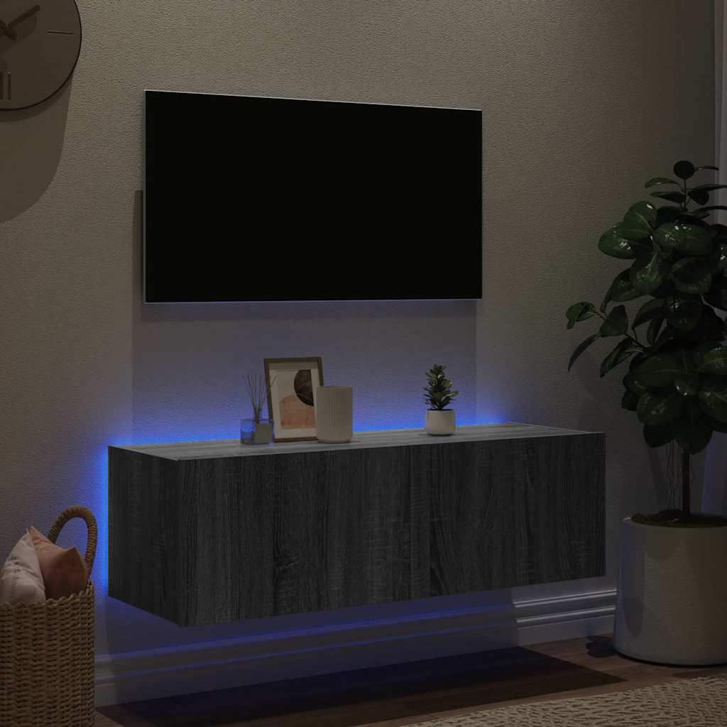vidaXL Ścienna szafka TV z LED, szary dąb sonoma, 100x35x31 cm