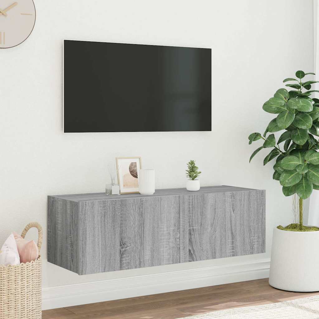 vidaXL Ścienna szafka TV z LED, szary dąb sonoma, 100x35x31 cm