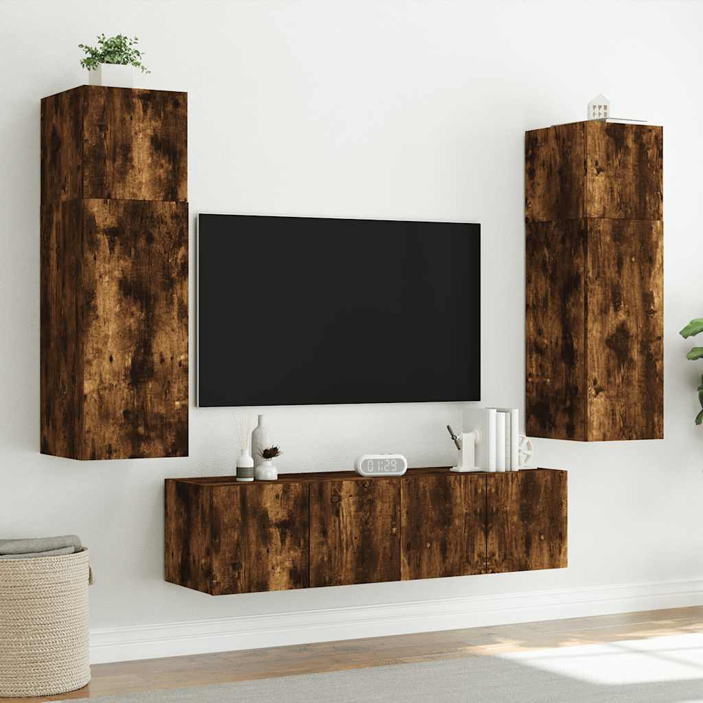 vidaXL Ścienne szafki TV z LED, 2 szt., przydymiony dąb, 60x35x41 cm