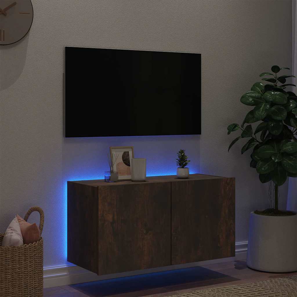 vidaXL Ścienna szafka TV z LED, przydymiony dąb, 80x35x41 cm