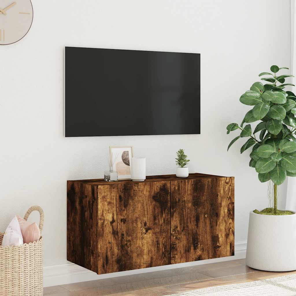 vidaXL Ścienna szafka TV z LED, przydymiony dąb, 80x35x41 cm